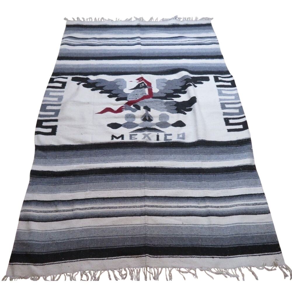 Southwest Mexico Design Rug Throw Woven Style Striped Gray Black Fringe 78x50